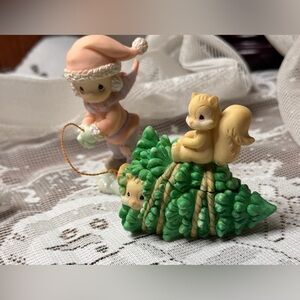Precious Moments Pink and Green Holiday Resin Girl Squirrel Tree Figurines
